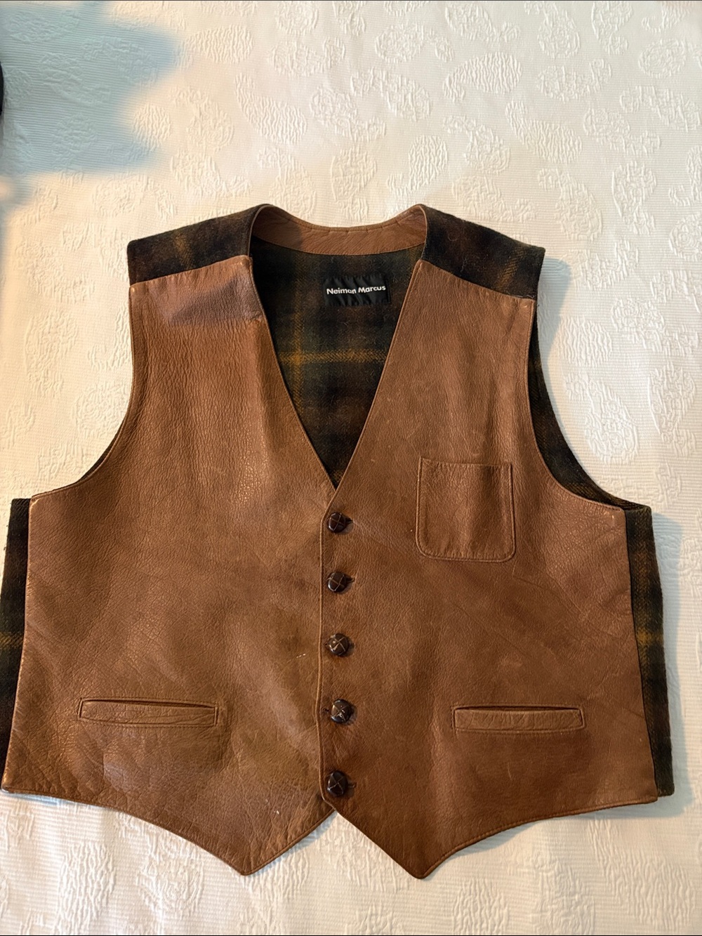 Neiman Marcus Men's Tan Brown Leather Vest with Dark Plaid Yoke